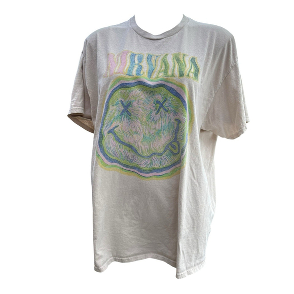 Nirvana Smiley Face T-Shirt XL Cream Pastel Graphic Band Tee Grunge Rock - Picture 1 of 7